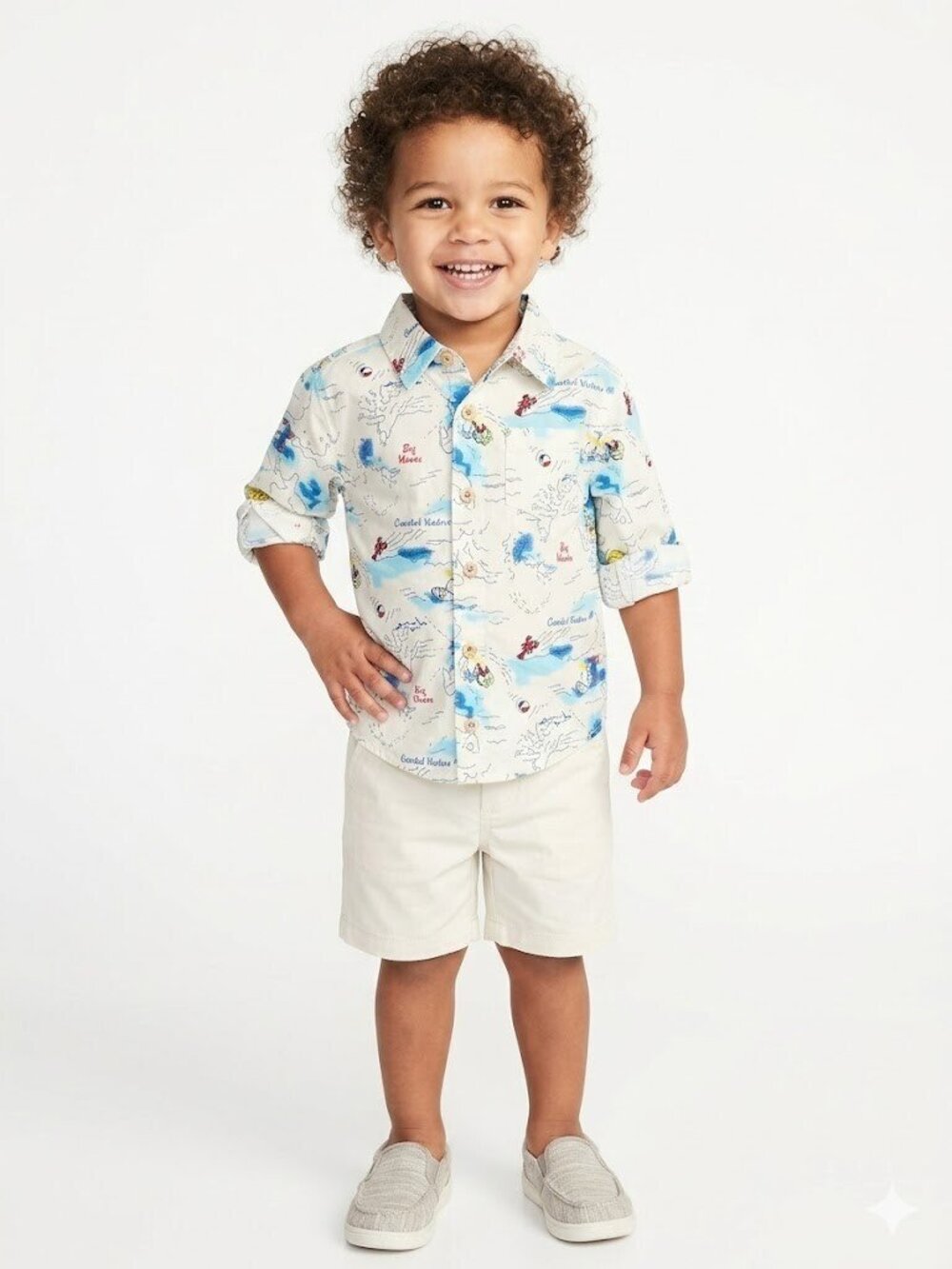 Toddler Boys Boy's"vacation beach" map print Button down Camp Shirt Size 2T NWT